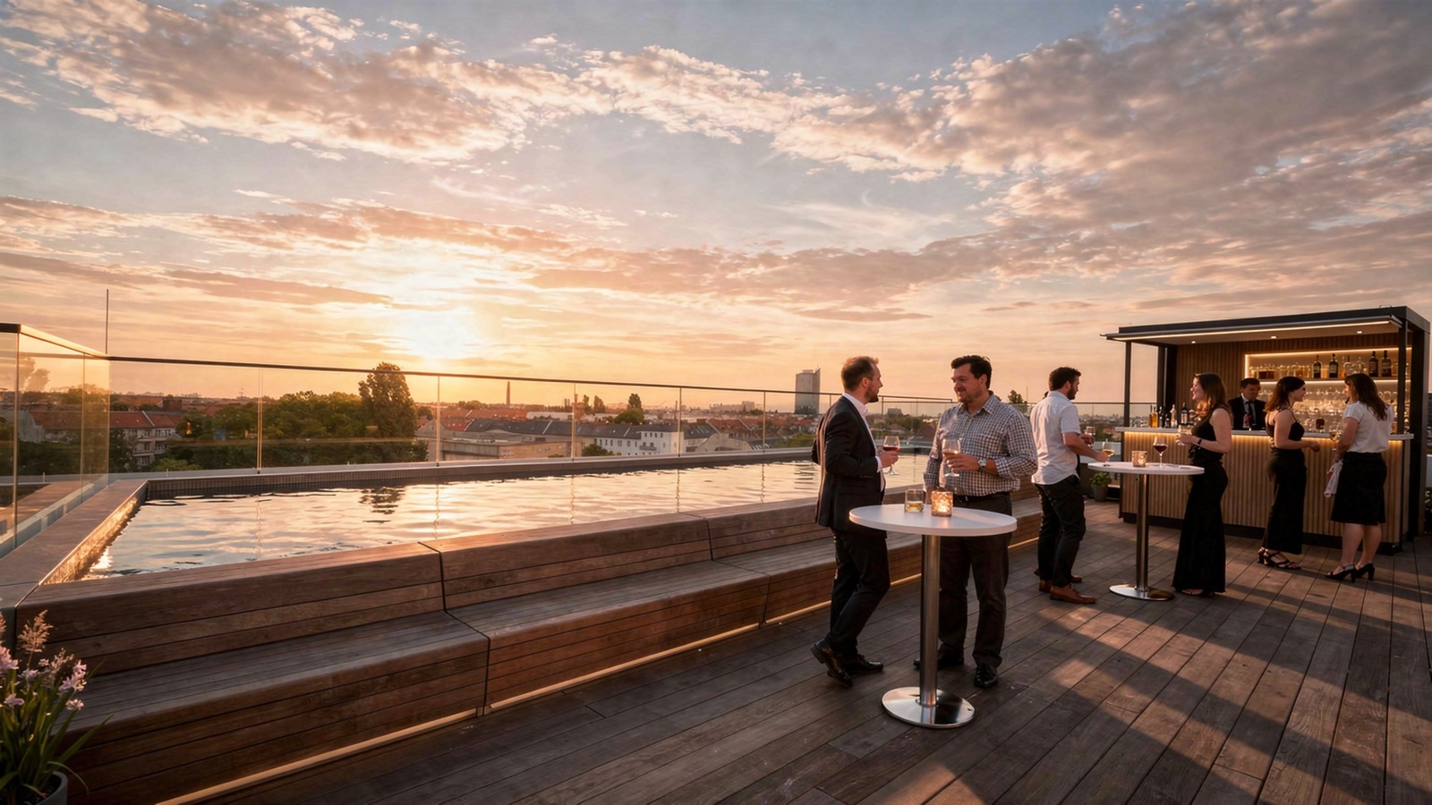 The Rooftop Pool at sunset, cocktail reception with private bar overlooking Berlin