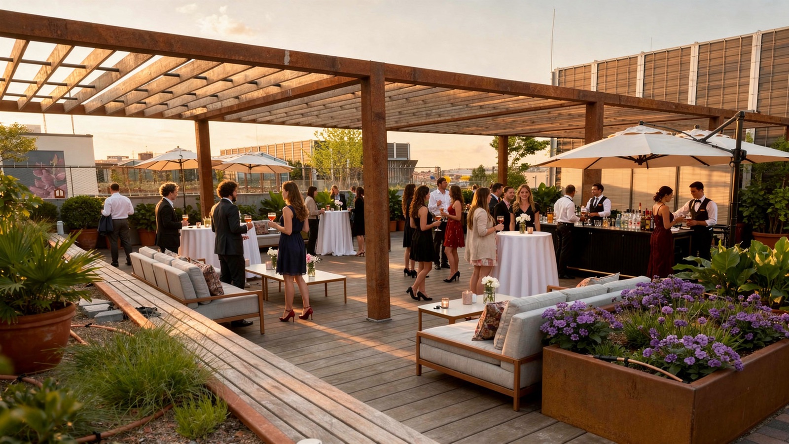 The Rooftop Terrace at golden hour with lounge seating under the pergola